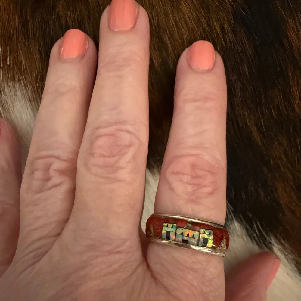 ❤️ Signed “AZ” Galaxy Micro Inlaid 925 Native Pueblo Scene Ring Size 9.75 Unisex